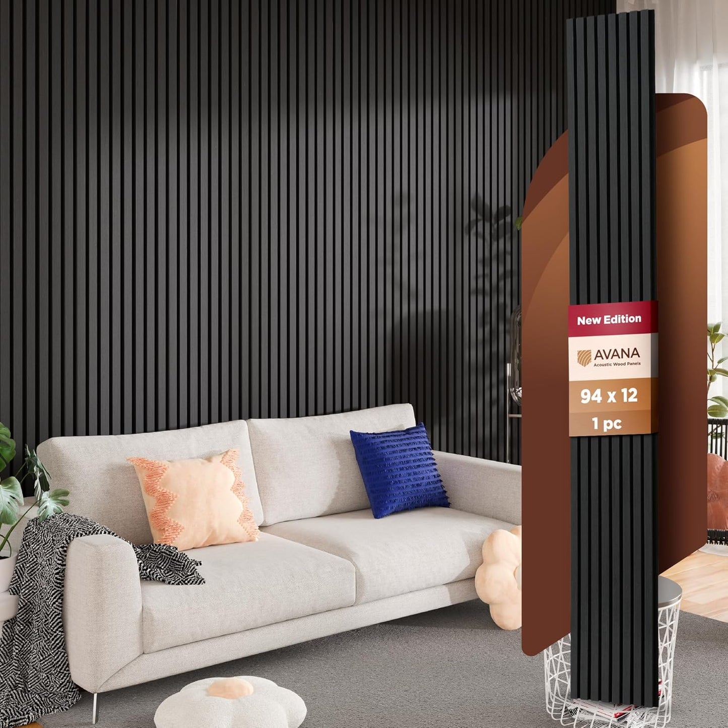 Avana Modern Acoustic Wood Wall Panels – 94.4 X 12.6 Inch Black Oak Acoustic Panels 1 PC – Wall Panels For Interior Wall Decor For Homes, Offices, Studios – Sturdy And Durable Wood Panels For Wall