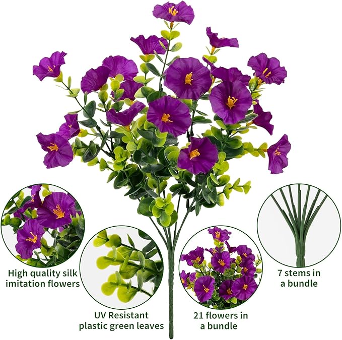 Lnoicy Artificial Flowers for Outdoor 12 Bundles Eucalyptus Fake Flowers for Planter,UV Resistant Fake Morning Glory for Home/Porch/Garden Decoration（Fuchsia）