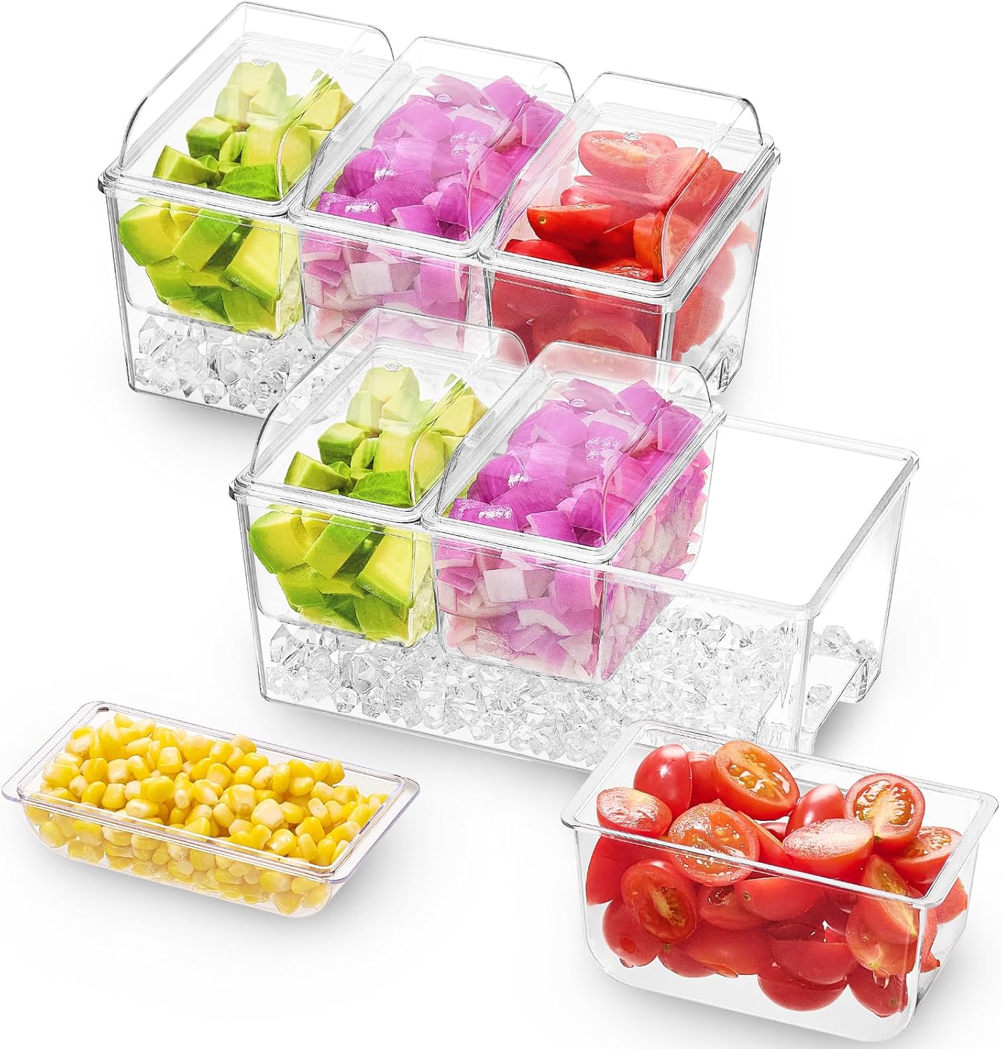 Lifewit 2 Pack Ice Chilled Condiment Caddy with 3 Containers(2.5 cup), Condiment Server with Separate Lids, Serving Tray Platter for Bar Accessories, Fruit, Salad, Taco, Party Garnish