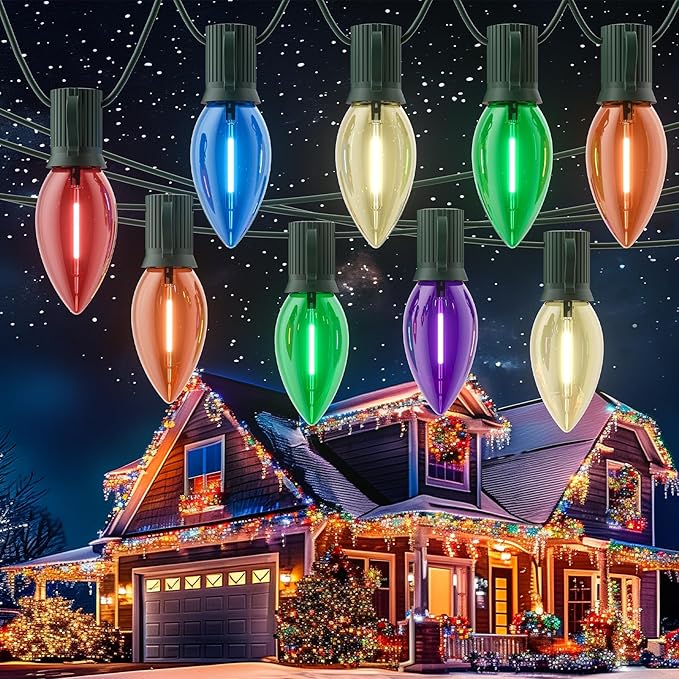 25Ft Christmas Lights Outdoor, C9 Multicolor Christmas Lights with 25 Colored LED Bulbs, Waterproof Connectable for Holiday, Xmas, Roofline, Wedding, Christmas Tree Decor- Green Wire