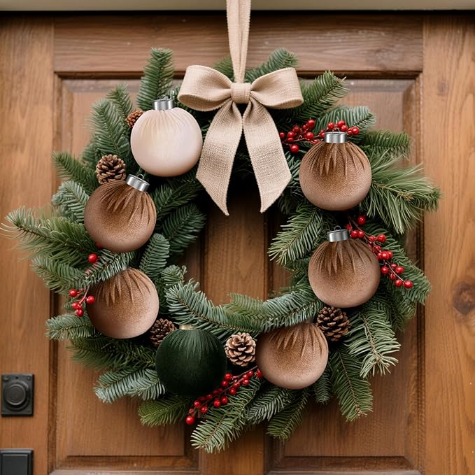 9 Pcs Christmas Tree Ornaments Set, 80mm/3.15in Large Velvet Christmas Balls for Xmas Tree Decorations Shatterproof Hanging Flocked Balls Ornaments Brown