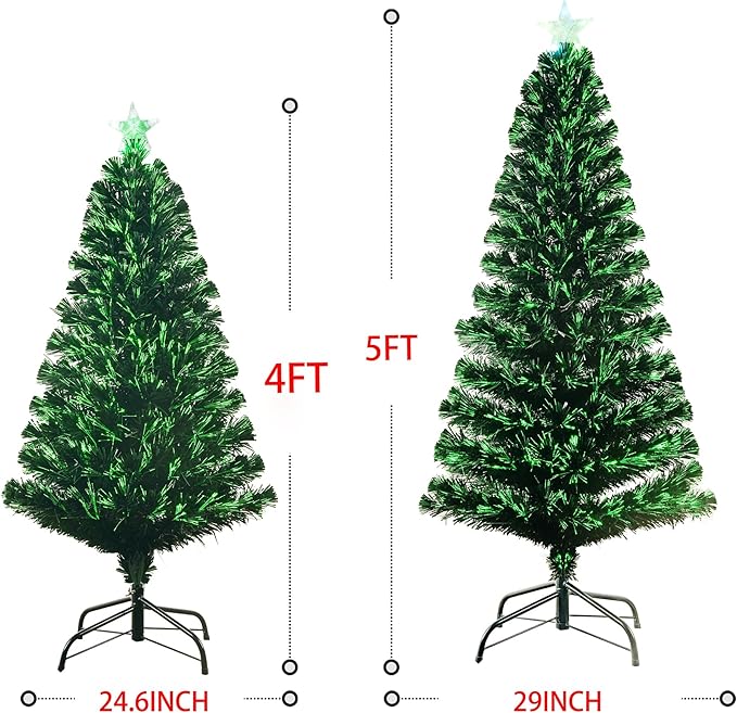 5FT Pre-lit Fiber Optic Christmas Tree with Lighted Star, PVC & Iron Construction, Green Artificial Christmas Tree with 195 Branch, Indoor Christmas Decorations, Holiday Home Xmas Decoration