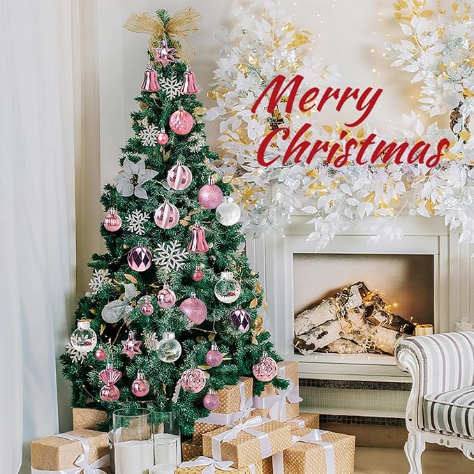 ILLUMINEW 111-Pack Christmas Balls Ornaments,Assorted Shatterproof Pink Christmas Ornaments Set, Luxurious Hanging Pendants Package for Tree Party Holiday Indoor Decor