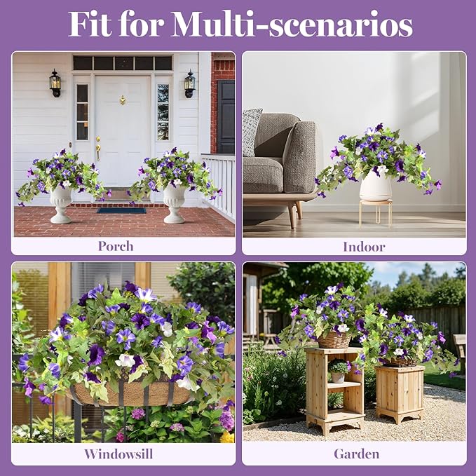 Artificial Morning Glory Fake Flowers for Outdoor Planter Decoration, 2 Pcs Petunias Realistic UV Resistant Faux Silk Flowers for Garden Balcony Porch Indoor Decor (Purple White)