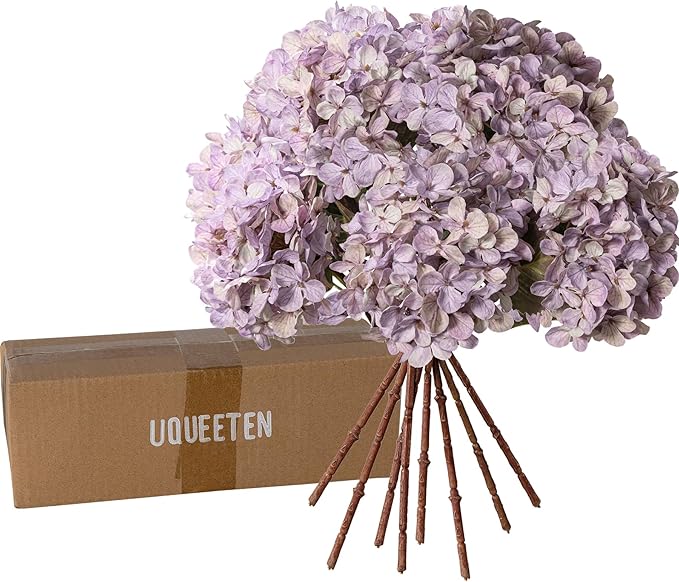 Artificial Flower Fake Silk Hydrangea Heads Bouquet With Stems Bulk for Fall Decoration Table Center Christmas Indoor Outdoor Faux Floral Realistic With Leaves Plants Crafts 8PCS(Pale Purple)