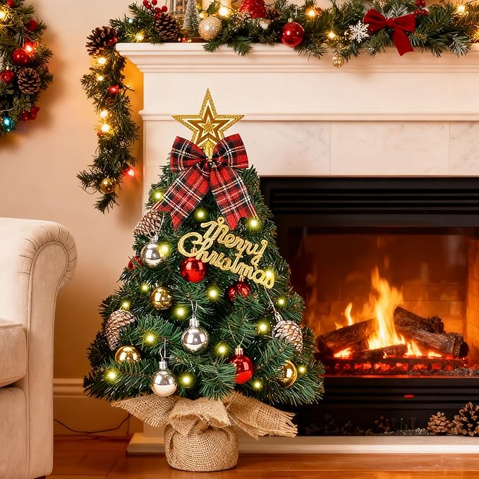 Prelit Mini Christmas Tree Tabletop with LED Lights, 2ft Artificial Xmas Tree with Treetop Star and Hanging Ornaments Small Christmas Trees Decoration for Home Cafe Office Desk, Green