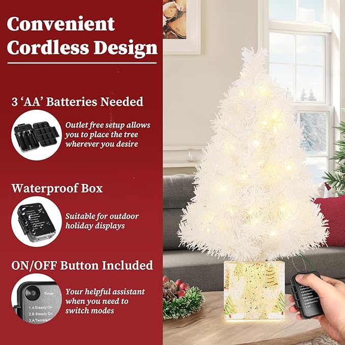 Brightever 2FT Small Christmas Tree, Prelit Mini Christmas Tree with 50 Multi-Color LED Lights, Gold Gift Box Base, Battery Operated Little Xmas Tree for Table Top, White