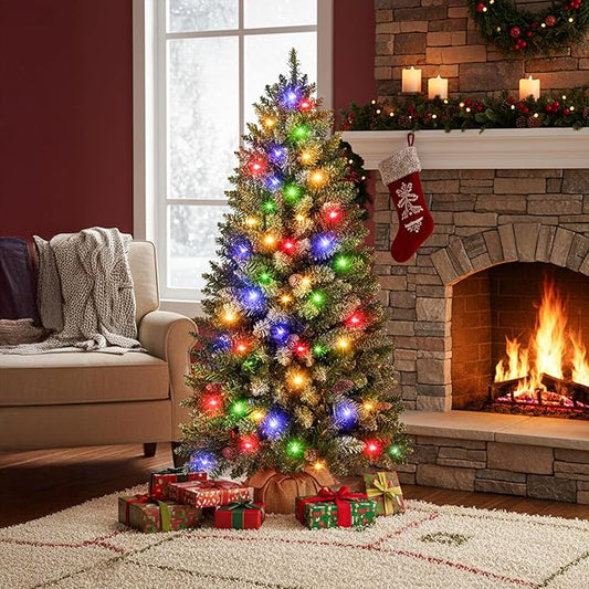 4FT Mini Christmas Tree,Tabletop Christmas Tree with Cloth Bag Base and Colorful LED Light Prelit Christmas Artificial with Pine Cones for Outdoor Indoor Porch Table Xmas