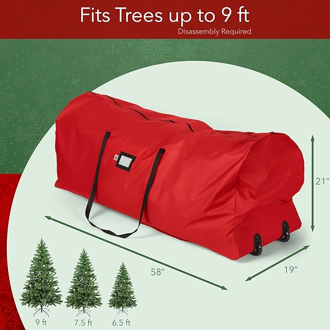 Holiday Cheer Christmas Tree Storage Bag with Wheels – Heavy Duty Christmas Tree Bag Fits Up to 9ft Tall Artificial Christmas Tree, Waterproof, Durable Handles & Zipper – Xmas Tree Storage Bag (Red)