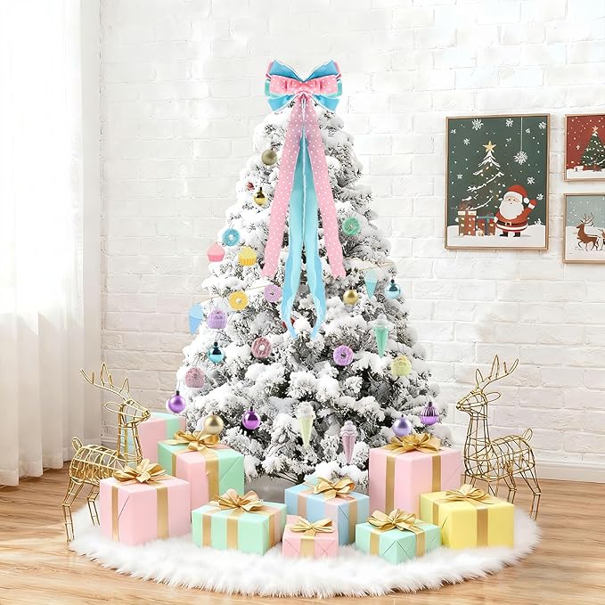 Christmas Tree Decorations Set,Christmas Ball Ornaments Glittering Plastic Hanging Decorations Elf Balls,Large Tree Topper Wreath Bow,Candy Peppermint Wood Ornaments (Macron)