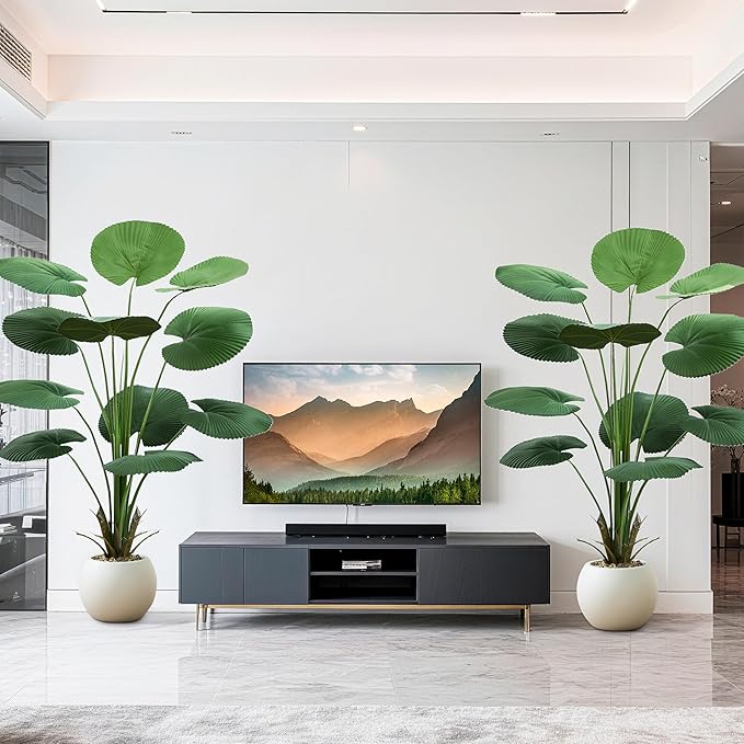 Artificial Fan Palm Tree 5FT Fake Tree Round Leaf Fake Palm Plant, Faux Tropical Areca Floor Plant with Planter, Artificial Silk Plants for Indoor Outdoor Home Office Bedroom Living Room Decor