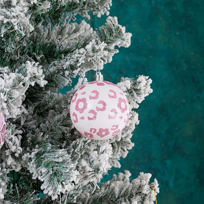 16CT Leopard Christmas Ornaments,Shatterproof Pink and White Christmas Decorations, Lage Baubles Ornaments Hanging Decor for Xmas Tree Home Party Festivals (80MM/3.15'')