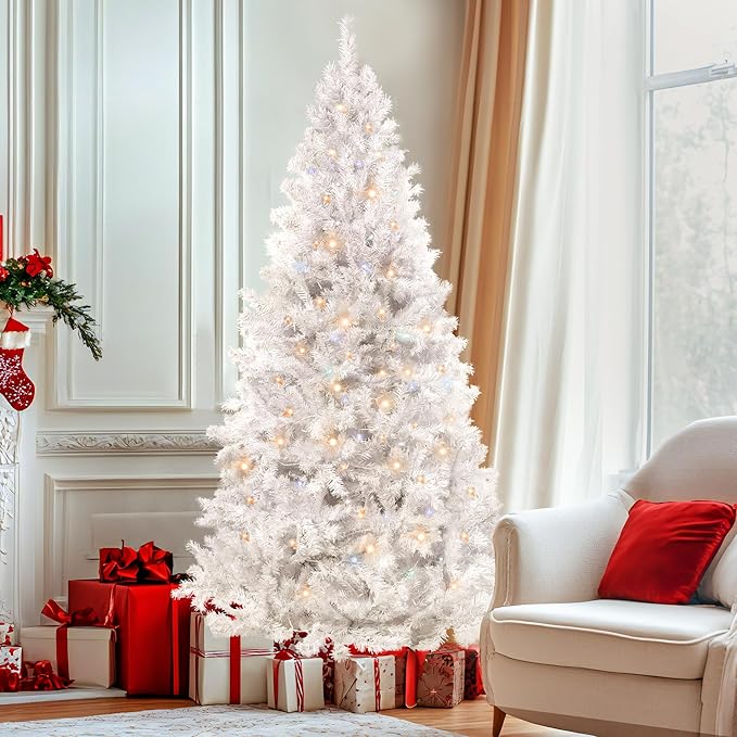 Annecy 6ft Pre-Lit Christmas Tree, White Artificial Full Spruce Christmas Tree for Home, Office, Party Decoration w/ 970 Branch Tips, 250 Warm White & Multi-Color Lights, Metal Hinges & Base,White 6ft