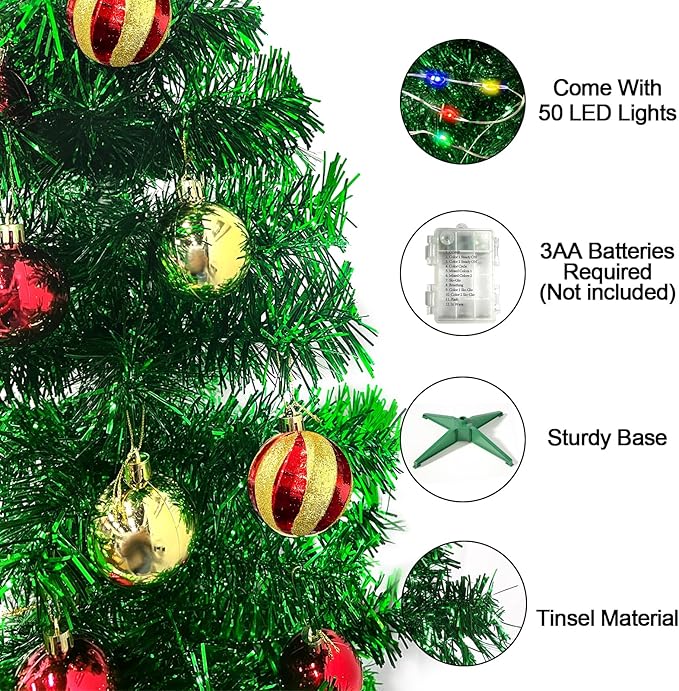 3 Ft Green Christmas Tree with 12 Modes Timer 50 LED Four Color & Lights DIY 15 Ball Ornaments 3D Star Artificial Xmas Tree for Indoor Home Holiday Party Decoration