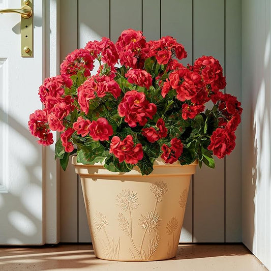 Artificial Geranium Flowers for Outdoors Geraniums Artificial Flowers Realistic Faux Geraniums for Outdoor Planters Silk Geranium Outdoor Fake Flowers Porch Home Kitchen Garden Decor (4PCS，Red)