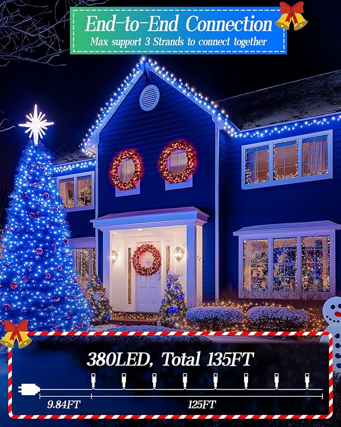 LED Christmas Lights, Extra Long Outdoor String Lights Waterproof, Timer & Memory, 8 Modes Dimmable Plug in Fairy for Outside Tree Wedding Patry (Blue, 125FT 380LED)