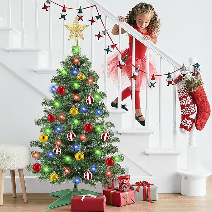 [ Remote Control & 12 Modes ] 3 Ft Christmas Tree with Timer 50 Warm White & Multi Color Lights, 15 DIY Ornaments 3D Star Topper - Artificial Small Green Christmas Tree for Home Indoor Tables - Green