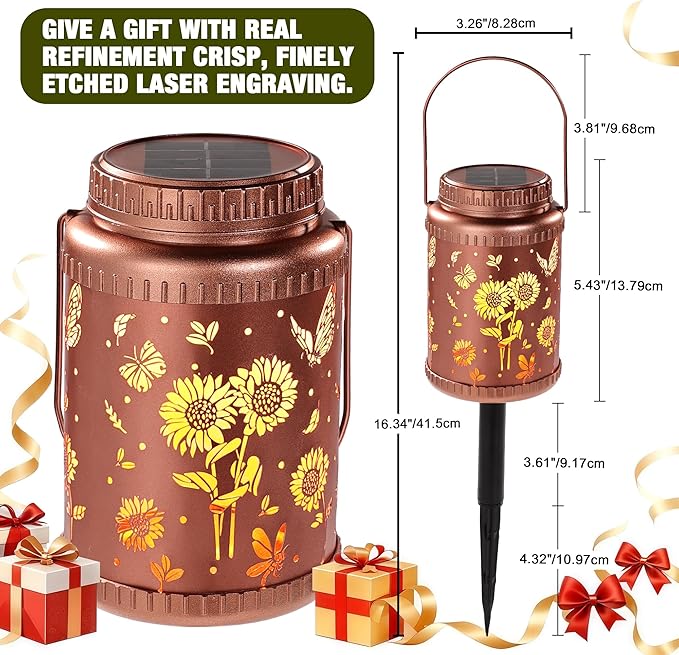Cooo 2 Pack Solar Lanterns Outdoor Waterproof Sunflower Butterfly Solar Pathway Lights Landscape Path Christmas Gifts for Women Mom Grandma for Outdoor Table Lamps Garden Yard Backyard Decor-Rose Gold