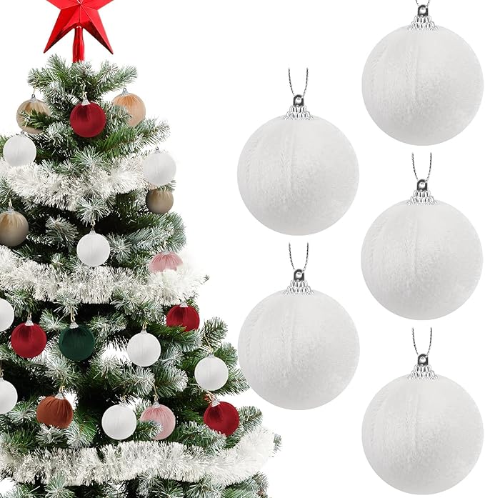 Woration 9pcs Christmas Tree Ornaments Velvet Balls Shatterproof 2.36inches White Flocked Balls Hanging Xmas Trees Decorations for Wreath Holiday Party