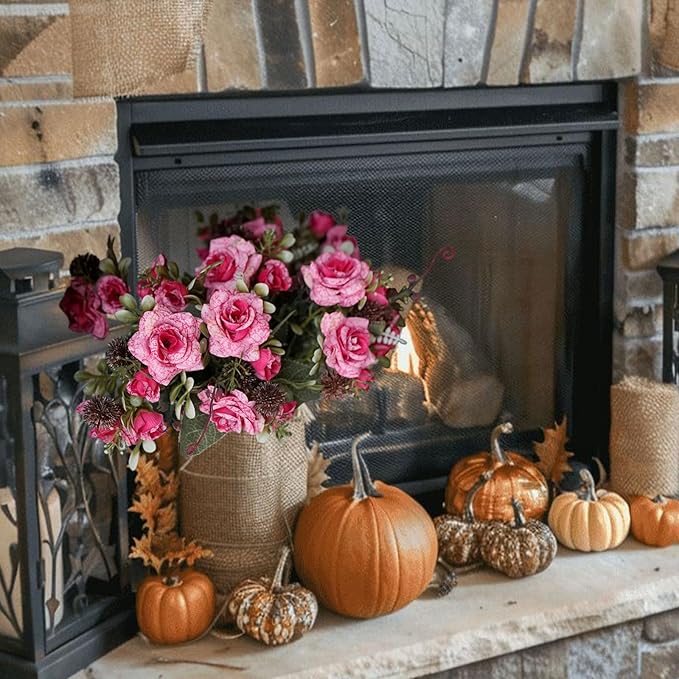 3 Bundles Fall Artificial Flowers Bouquet, Autumn Fake Roses Bouquet Faux Fall Floral Arrangements for Centerpiece Table Wedding Party Home Decor (Pink)