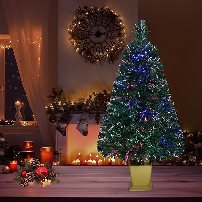32inch Green Fiber Optic Christmas Tree, Small Christmas Tree with Lights 3 FT Artificial Prelit Tabletop Xmas Tree Holiday Home Decorations, USB Adaptor Included