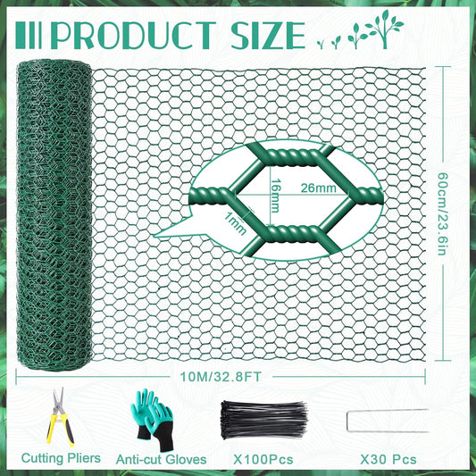 32.8ftx24In Plant Protectors from Animals,Plant Cages for Outdoor Plants,Wire Plant Protector Cage,Wire Plant Protector,Chicken Wire Cloche with Ground Stakes & Nylon Ties Protect Plants from Animals