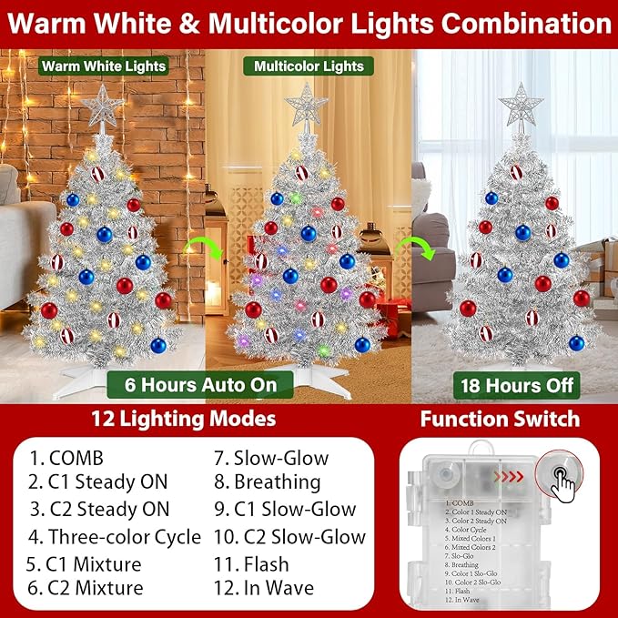 [ Timer & 12 Modes ] 3 Ft Sliver Christmas Tree with DIY 50 Warm White & Multi Color Lights 15 Ball Ornaments 3D Star Remote Control Battery Operated Pencil Full Tree Xmas Christmas Decorations Table