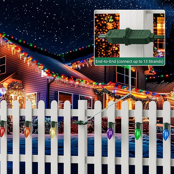 50Ft Christmas Lights Outdoor, C9 Multicolor Christmas Lights with 50 Colored LED Bulbs, Waterproof Connectable for Holiday, Xmas, Roofline, Wedding, Christmas Tree Decor- Green Wire