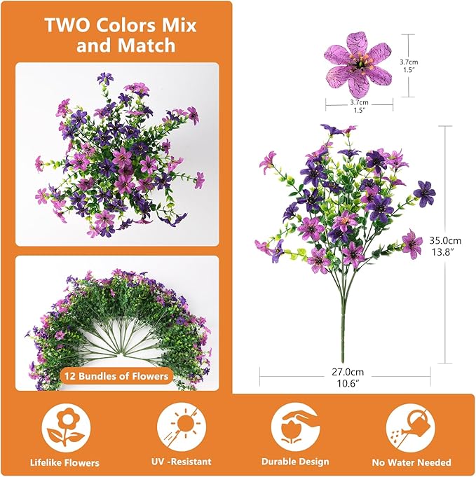 Artificial Flowers for Outdoors, 12 Bundles Multicolor Faux Silk Flower Spring Summer Decoration, Artificial Plants Fake Outdoor Flowers UV Resistant No Fade for Home Planter Porch Patio Yard Decor