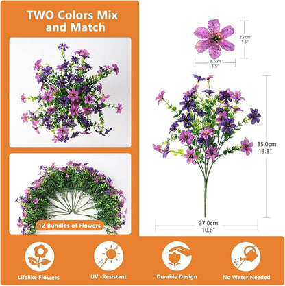 Artificial Flowers for Outdoors, 12 Bundles Multicolor Faux Silk Flower Spring Summer Decoration, Artificial Plants Fake Outdoor Flowers UV Resistant No Fade for Home Planter Porch Patio Yard Decor