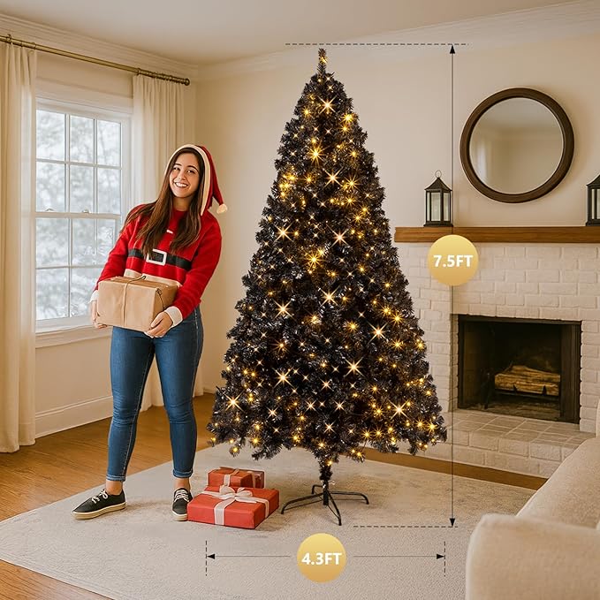 VINGLI 7ft Black Artificial Christmas Pine Tree with 400 Warm White Lights, Pre-Lit Xmas Tree with 1350 Full Branch Tips, Sturdy Metal Stand, 8 Color Modes for Holiday & Party Decor