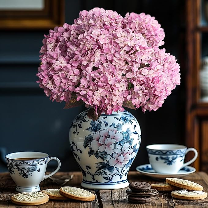 Artificial Flower Fake Silk Hydrangea Heads Bouquet with Stems Bulk for Fall Decoration Table Center Christmas Indoor Outdoor Faux Floral Realistic with Leaves Plants Crafts 8PCS(Pink)