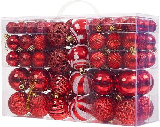 100PCS Christmas Ball Ornaments, Assorted Shatterproof Christmas Tree Decorations, Seasonal Decorative Hanging Baubles Decor Set for Xmas/Holiday/Party, Glitter&Painting Ornament Set (Red)