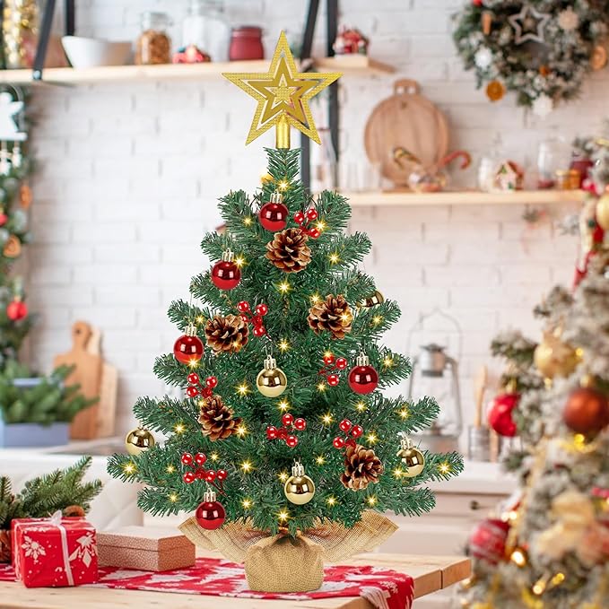 [ 8 Modes & Timer] 24 Inch Small Tabletop Christmas Tree with 50 Warm White Lights Star Treetop and Ornaments Artificial Mini Christmas Tree Indoor Home Table Christmas Decorations