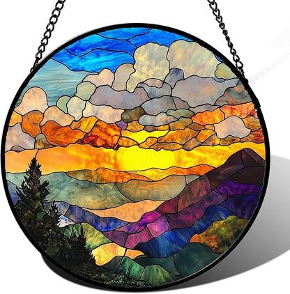Stained Glass Window Hanging, Abstract Clouds Mountains Landscape Suncatcher for Doors Window Home Sun Catchers Decor Mother's Day Birthday Gifts for Women, Men Mom 9.8 in