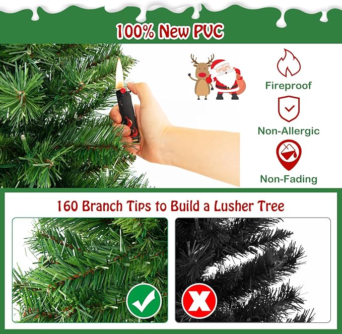 HAPPYGRILL 4 FT Artificial Xmas Tree, Christmas Entrance Tree with 160 Branch Tips & 100 LED Lights, Cement-Filled Base, 3 Lighting Modes, Remote Control
