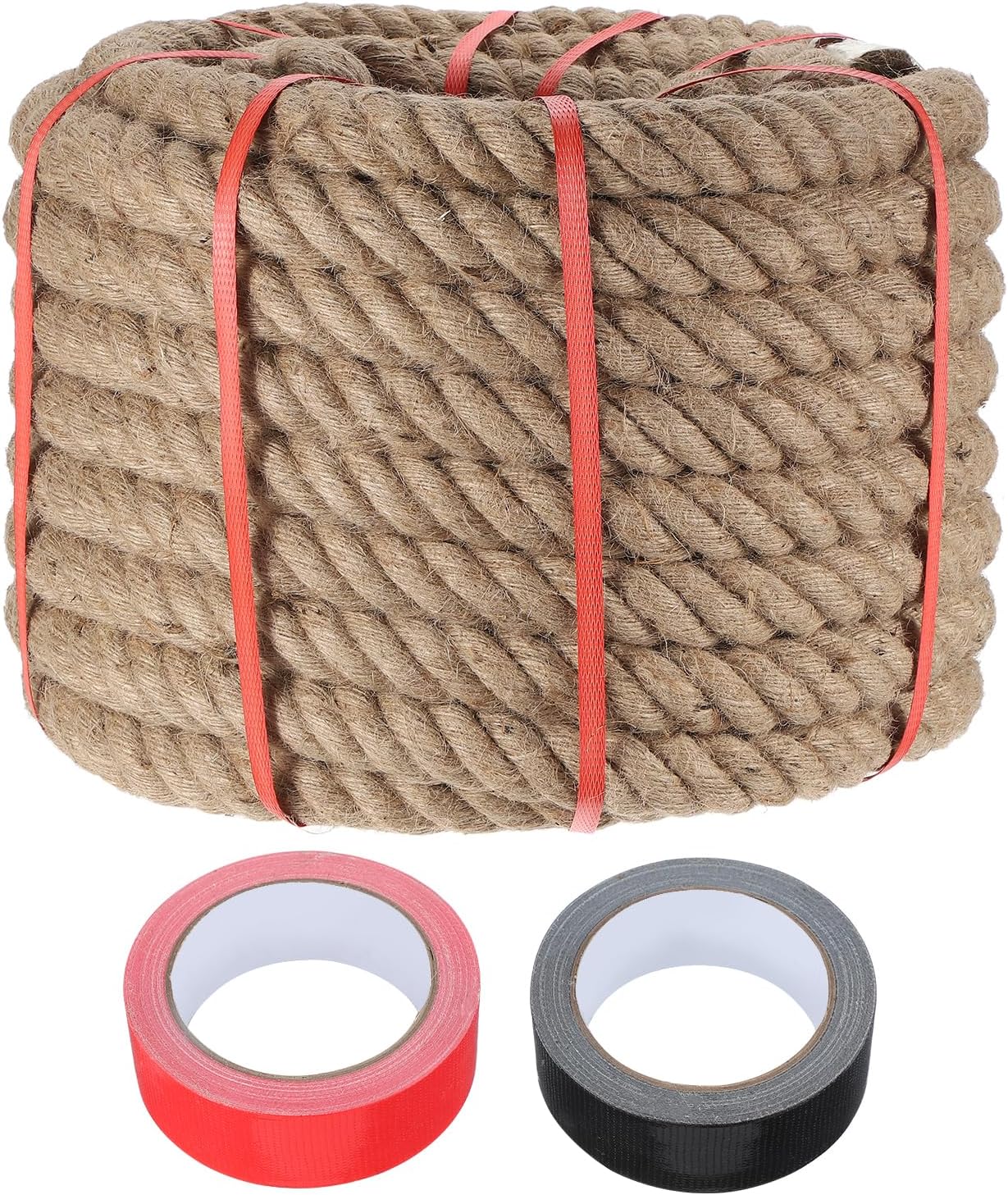 MECCANIXITY Jute Rope 1.4 Inch x 85ft, Thick Twine Rope Ropes Braided Jute Twine Natural Brown Burlap Cord String Heavy Twisted with Tapes for Decorative Crafts Railing Swing Tug of War