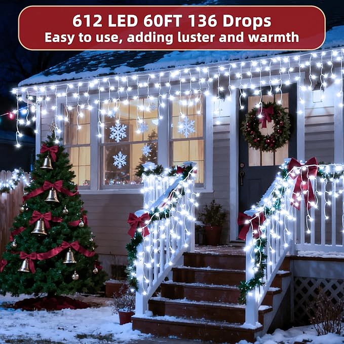 612 LED 60ft Christmas Lights with 136 Drops, 12 Lighting Modes Cool White Christmas Decoration Twinkling Lights Dimmable, Timer Outdoor Waterproof Fairy Lights for Indoor Garden House Eaves Roof