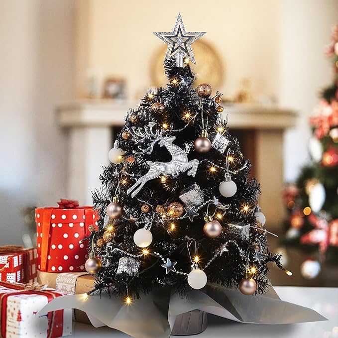 Juegoal Black Mini Christmas Tree, 24 Inch/2 FT Lighted Tabletop Artificial Xmas Pine Tree, Halloween Small Tree Light Up Battery Operated & Timer with 50 LED Lights, for Holiday Home Party Decor