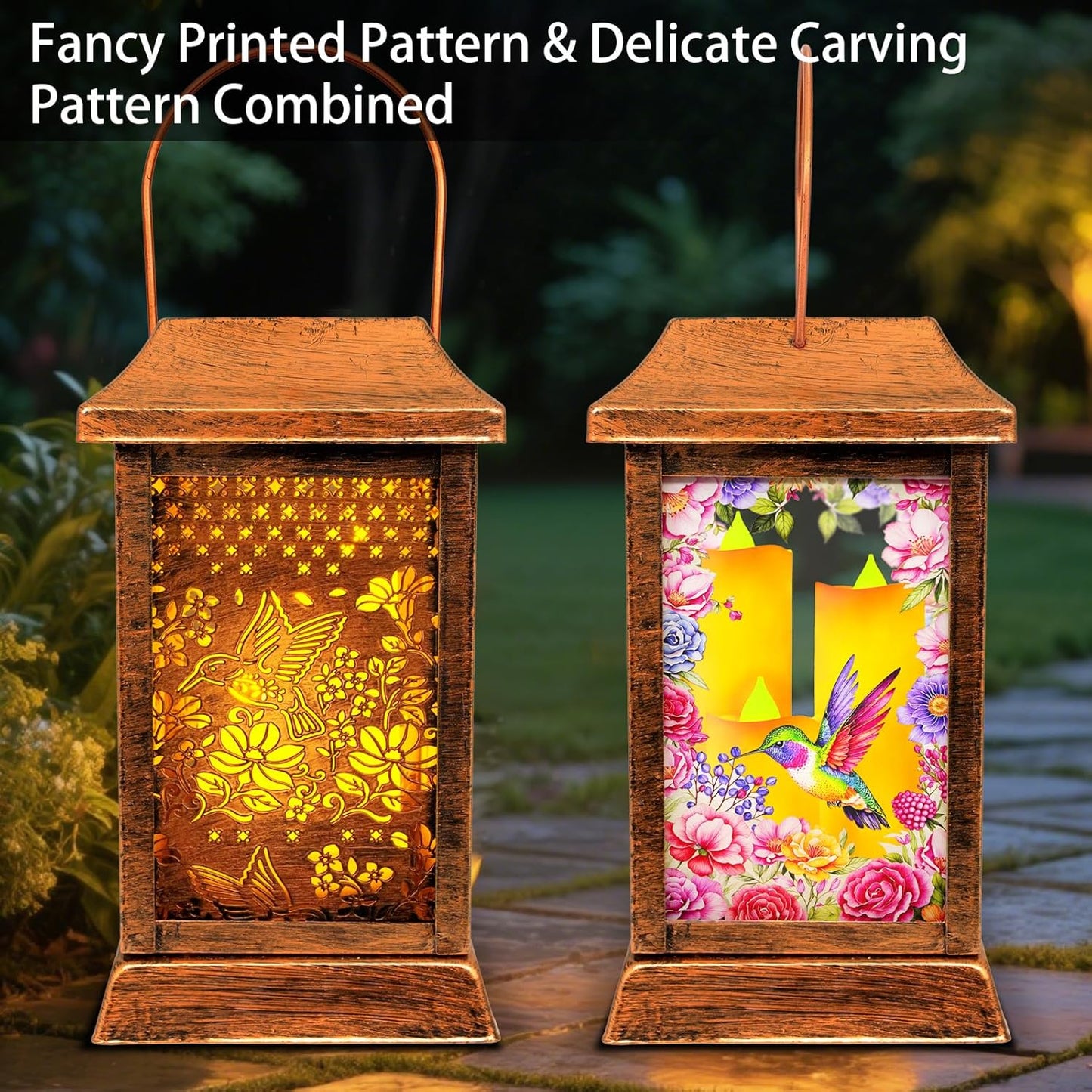 Hummingbird Solar Lanterns Outdoor Hanging Lanterns, Metal Glass Garden Decor Solar Lights, Gifts for Women Mom Birthday Grandma Mothers Day, Waterproof Decorative Lantern for Outside Patio Yard