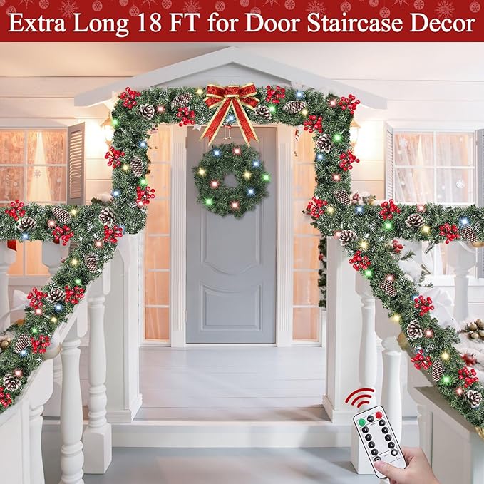 Remote Control&Extra Long&12 Modes-18 Ft Prelit Christmas Garland for Stairs Railing Mantle Front Door Porch Indoor Outdoor Decor 100 Warm White&Colors Switch Lights Timer,580 Thick Branches Tips