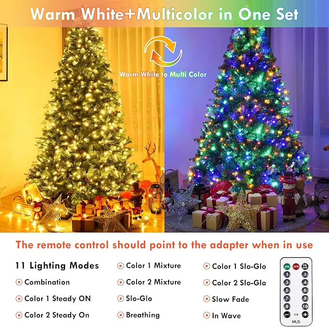 Warm White to Multicolor Color Changing 200 LED 66FT Connectable Christmas String Lights for Outdoor Indoor, 11 Modes Christmas Tree Clear Wire Fairy Waterproof Lights with Memory & Remote & Timer