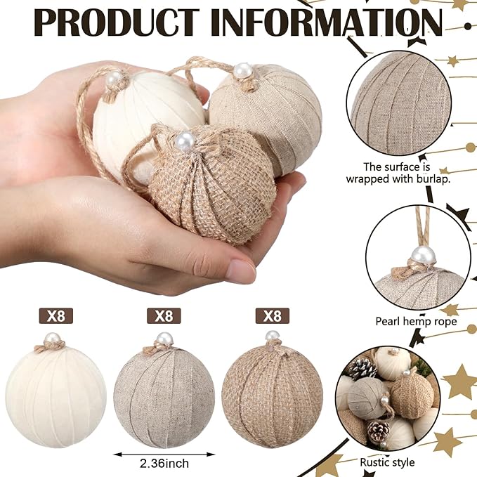 Syhood 24 Pcs Rustic Christmas Ball 2.36 Inch Neutral Farmhouse Christmas Tree Ornaments Shatterproof Hanging Burlap Fabric Textured Ball for Xmas Tree Party Garlands Wreath Home Decor