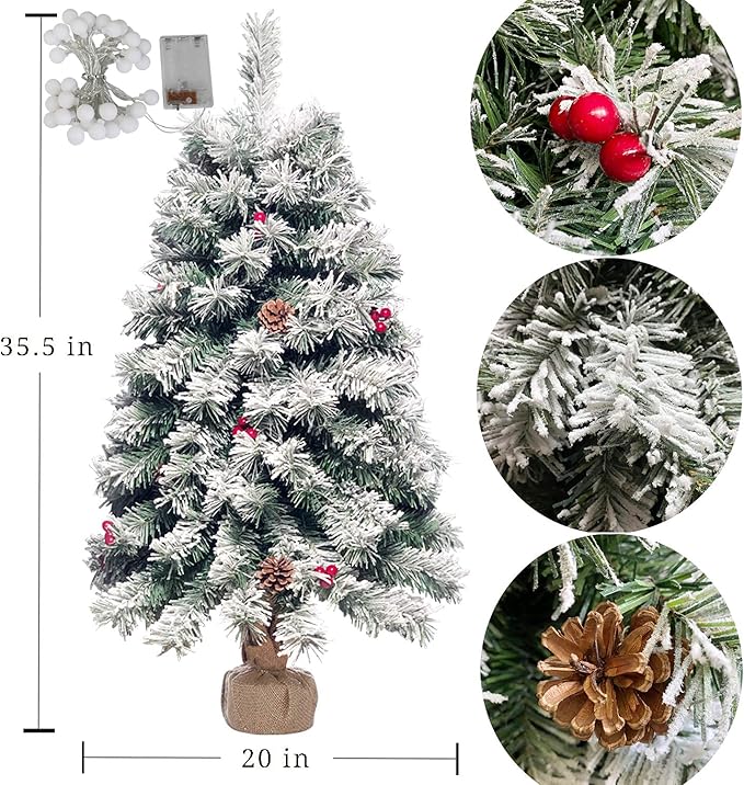Pre-Lit Artificial Christmas Tree 3ft,Snow Flocked Xmas Pine Tree Decorated with 70 LED Lights,140 Branch Tips,7 Pine Cones,10 Red Berries Christmas Snow Tree for Desktop,Battery Powered