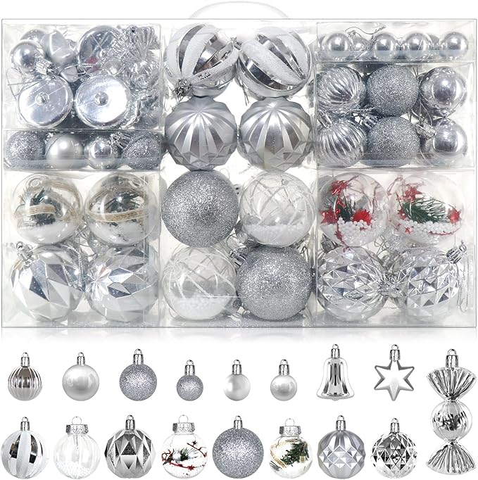ILLUMINEW 111-Pack Christmas Balls Ornaments,Assorted Shatterproof Christmas Ornaments Set, Luxurious Hanging Pendants Package for Christmas Tree Party Holiday Indoor Decor (Silvery-111pcs)