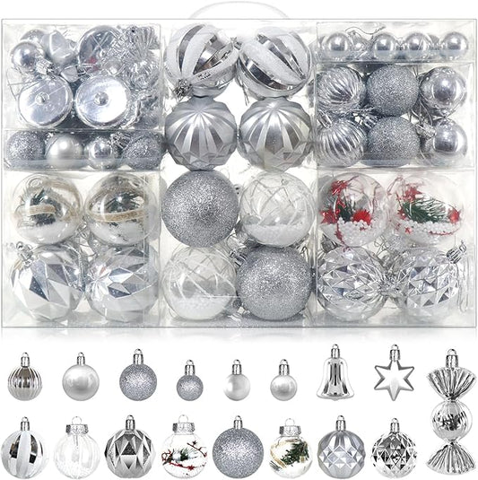 ILLUMINEW 111-Pack Christmas Balls Ornaments,Assorted Shatterproof Christmas Ornaments Set, Luxurious Hanging Pendants Package for Christmas Tree Party Holiday Indoor Decor (Silvery-111pcs)
