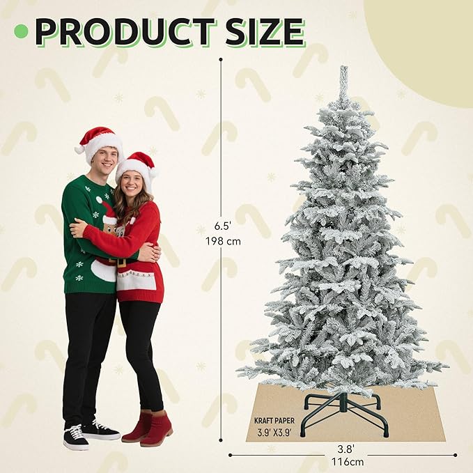 GOOBED 6.5 ft Prelit Snow Flocked Christmas Tree, Layered Spruce Christmas Tree w/ 760 Thickened Branch Tips, 350 Lights and Remote for Home, Office, Restaurant & Commercial Events, White Flocked