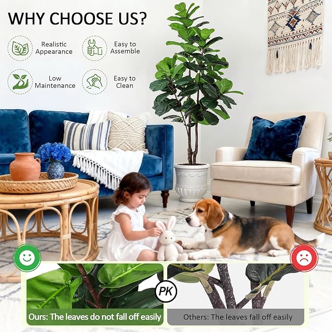 Fiddle Leaf Fig Tree Artificial Plants Indoor - 6ft Realistic Fake Plants Ficus Lyrata Trees, Faux Trees Indoor Floor Plant for Home Decor Living Room Office Christmas Housewarming Gifts