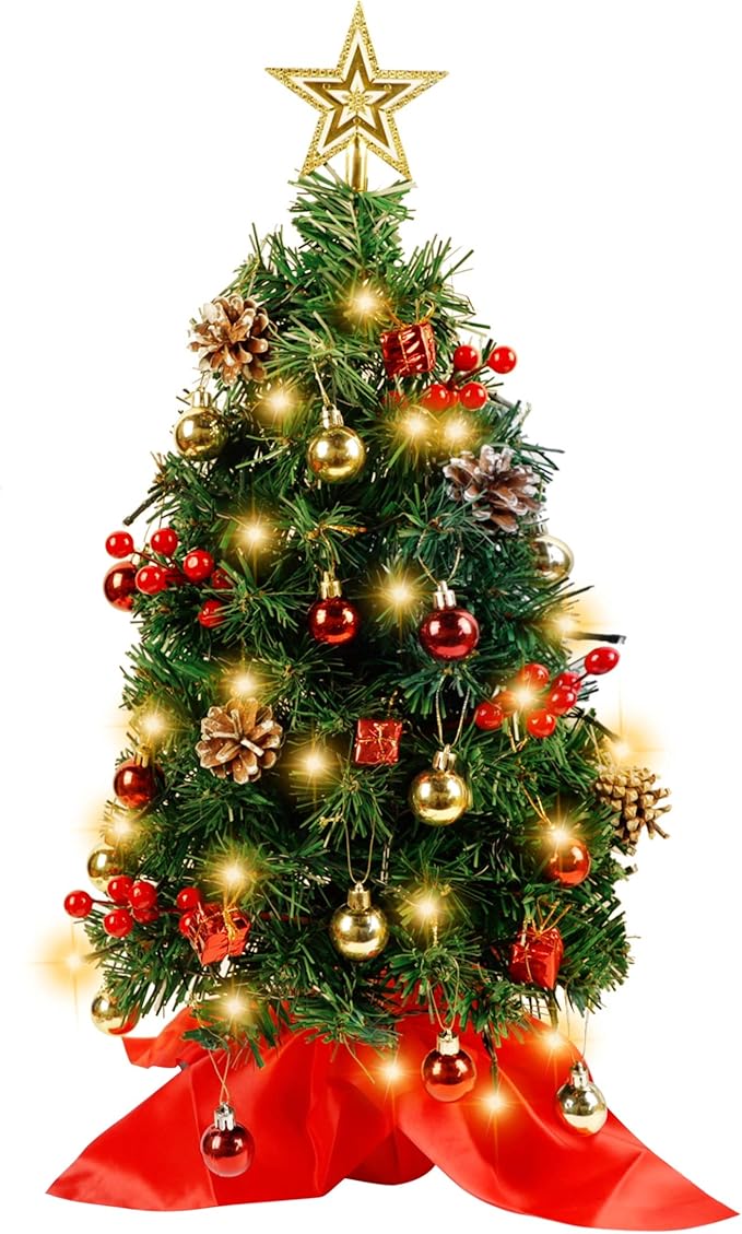 Blissun 2Ft Mini Christmas Tree, Artificial Christmas Pine Trees, Tabletop Xmas Tree, Mini Christmas Pine Tree with LED Lights, Star Tree Topper and Christmas Ornaments for Christmas Table Decorations