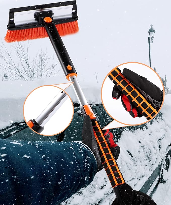 COFIT Car Snow Brush with Ice Scraper and Squeegee 3 in 1, 50" Extendable Cleaning Kit Long Handle, Windshield Snow Removal Tool Scratch Free, SUV Truck RV Window Roof Exterior Wash Supplies, Orange